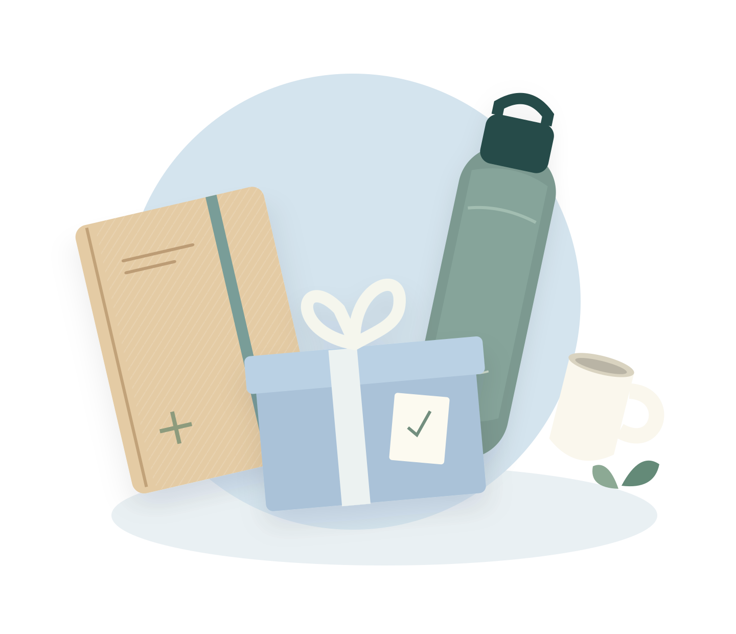 Illustrated notebook bottle mug and wrapped corporate gift